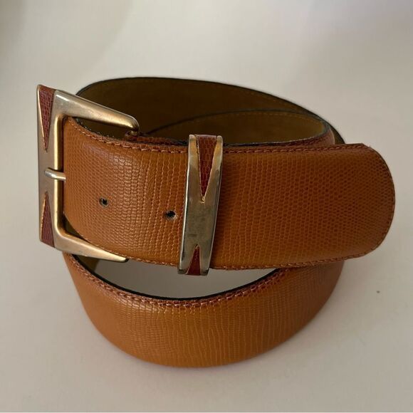 Statement 2” Wide Belt Made in Italy British Tan Lizard Embossed Leather Medium main image 9